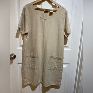 90s Y2K Linen Cotton Blend Shift Dress Sz L Beige Neutral Coastal Clean Girl